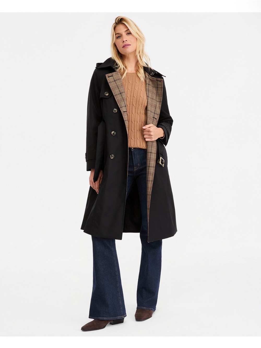 London Fog Black Trench Coat with Plaid Lining